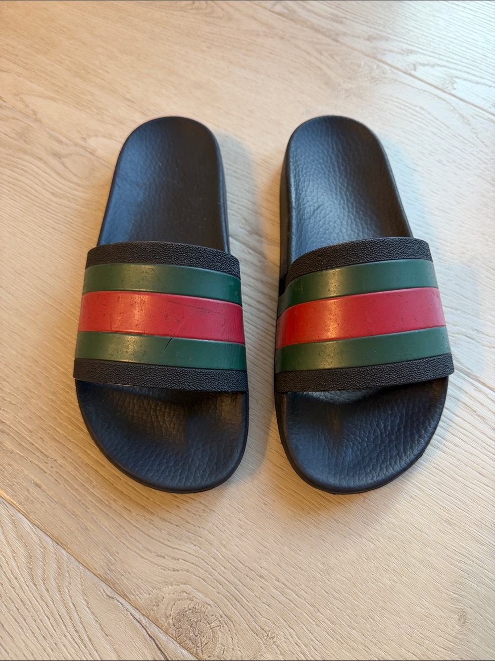 Gucci Black Slides with Green and Red Striped Strap